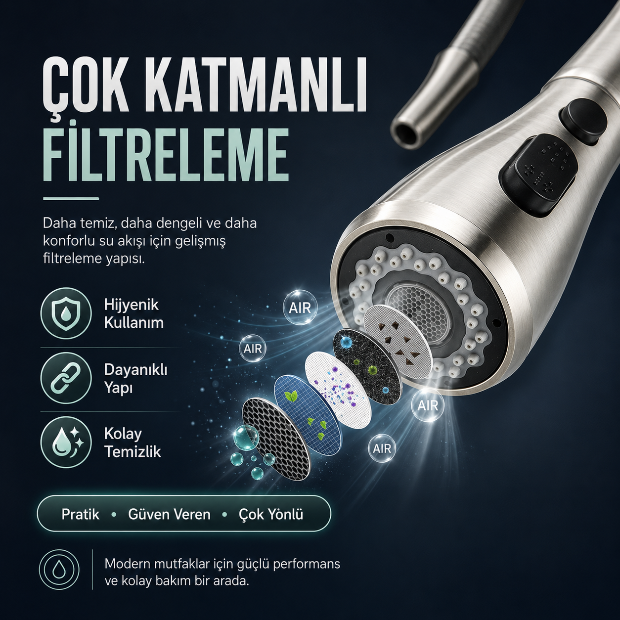 flowyira 3 Modlu Çekmeli Mutfak Musluk Başlığı | Akış, Sprey ve Bıçak Sprey | Güçlü Durulama