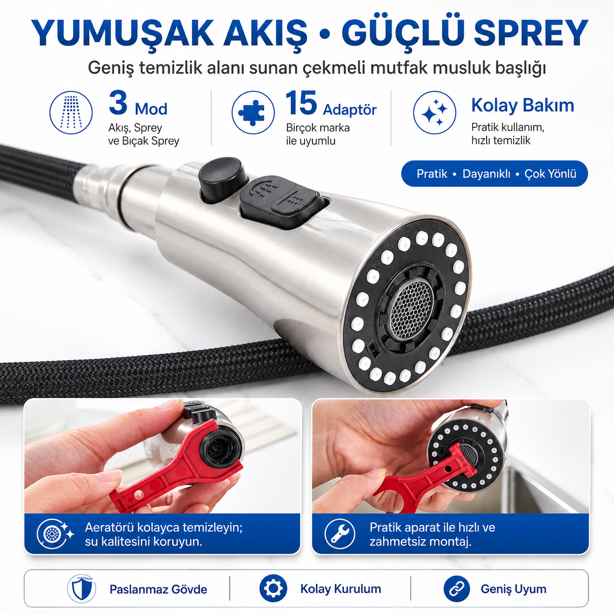 flowyira 3 Modlu Çekmeli Mutfak Musluk Başlığı | Akış, Sprey ve Bıçak Sprey | Güçlü Durulama