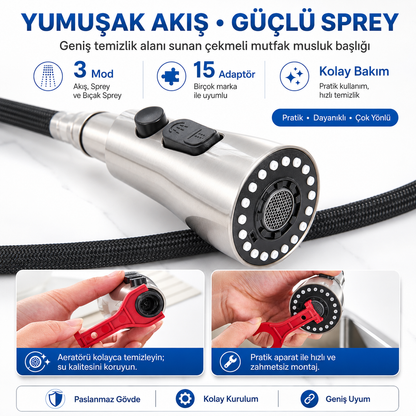 flowyira 3 Modlu Çekmeli Mutfak Musluk Başlığı | Akış, Sprey ve Bıçak Sprey | Güçlü Durulama