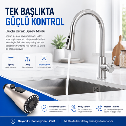 flowyira 3 Modlu Çekmeli Mutfak Musluk Başlığı | Akış, Sprey ve Bıçak Sprey | Güçlü Durulama
