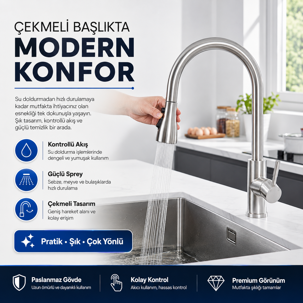 flowyira 3 Modlu Çekmeli Mutfak Musluk Başlığı | Akış, Sprey ve Bıçak Sprey | Güçlü Durulama