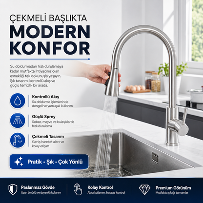 flowyira 3 Modlu Çekmeli Mutfak Musluk Başlığı | Akış, Sprey ve Bıçak Sprey | Güçlü Durulama