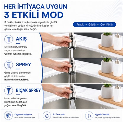 flowyira 3 Modlu Çekmeli Mutfak Musluk Başlığı | Akış, Sprey ve Bıçak Sprey | Güçlü Durulama
