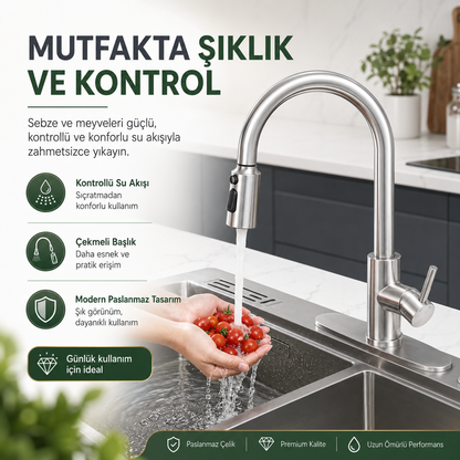 flowyira 3 Modlu Çekmeli Mutfak Musluk Başlığı | Akış, Sprey ve Bıçak Sprey | Güçlü Durulama