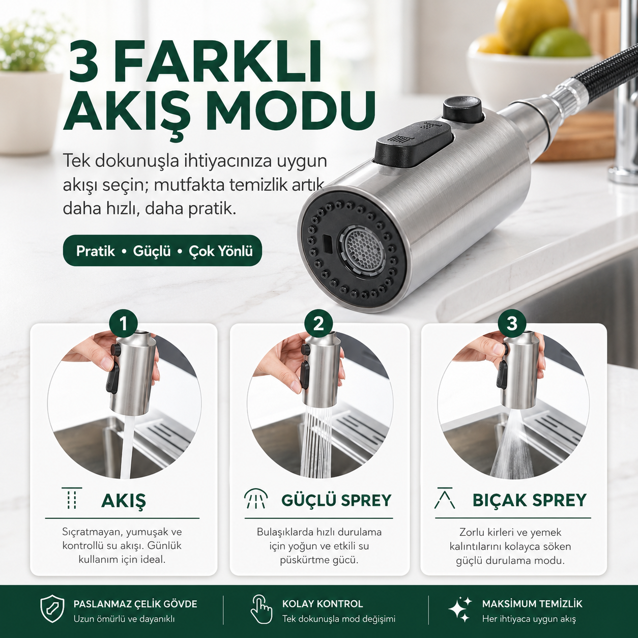 flowyira 3 Modlu Çekmeli Mutfak Musluk Başlığı | Akış, Sprey ve Bıçak Sprey | Güçlü Durulama