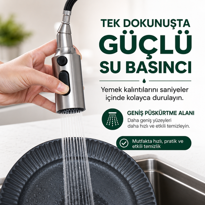 flowyira 3 Modlu Çekmeli Mutfak Musluk Başlığı | Akış, Sprey ve Bıçak Sprey | Güçlü Durulama