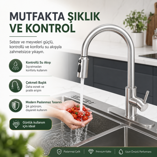 flowyira 3 Modlu Çekmeli Mutfak Musluk Başlığı | Akış, Sprey ve Bıçak Sprey | Güçlü Durulama