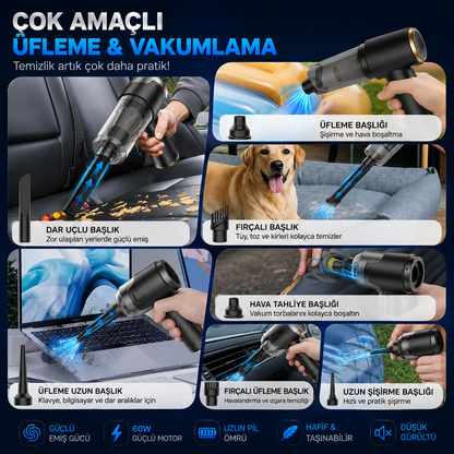 Kablosuz Şarjlı Araç Süpürgesi 2'si 1 Arada Üfleme ve Vakumlama Özellikli Güçlü El Süpürgesi